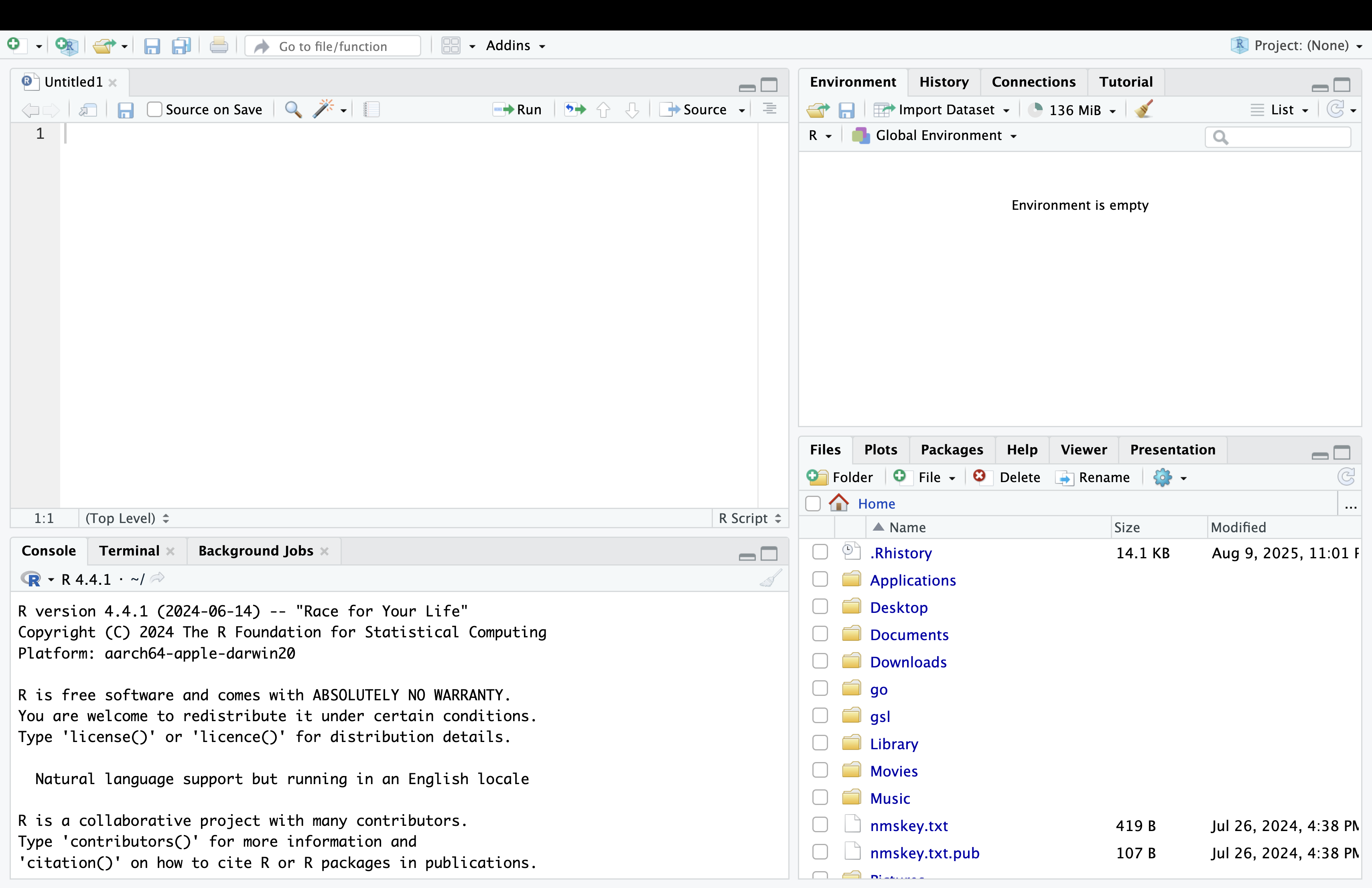The RStudio integrated development environment with a new script.
